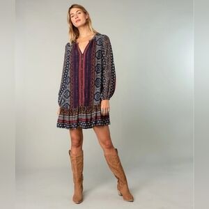 LOVESTITCH Lorelai Small Boho Hippie Loose Bohemian Long Sleeve Mini Dress